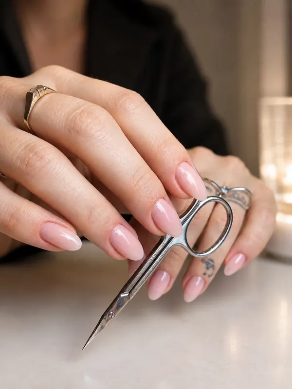 Unhas amendoadas em nude rosado com brilho espelhado